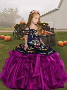 Dramatic Floor Length Lace Up Little Girl Pageant Gowns Fuchsia for Party and Wedding Party with Embroidery and Ruffles