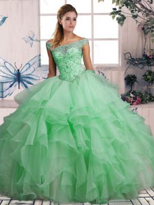 Charming Apple Green Lace Up Off The Shoulder Beading and Ruffles Sweet 16 Dress Organza Sleeveless