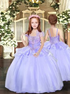 Dramatic Straps Sleeveless Lace Up Girls Pageant Dresses Lavender Organza