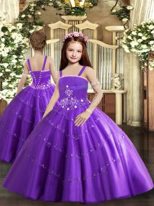 Floor Length Lace Up Little Girls Pageant Dress Wholesale Purple for Party and Sweet 16 and Wedding Party with Beading and Ruffled Layers