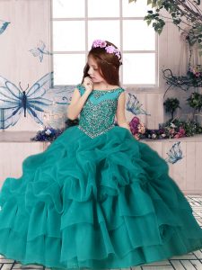 Floor Length Ball Gowns Sleeveless Teal Little Girl Pageant Gowns Zipper