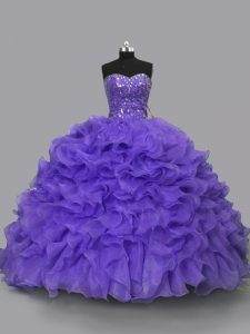 Purple Sweetheart Lace Up Beading and Ruffles Sweet 16 Dress Sleeveless