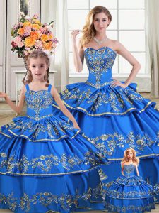 Glittering Royal Blue Lace Up Sweetheart Embroidery and Ruffled Layers Quinceanera Gowns Satin and Organza Sleeveless
