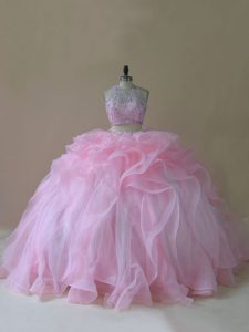 Admirable Baby Pink 15th Birthday Dress Organza Brush Train Sleeveless Ruffles