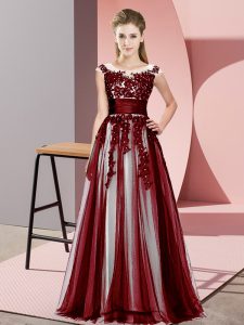 Fantastic Burgundy Tulle Zipper Scoop Sleeveless Floor Length Damas Dress Beading and Lace
