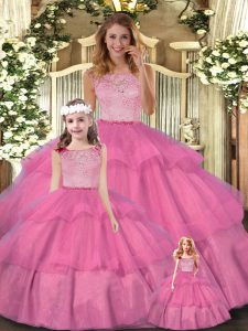 Ideal Scoop Sleeveless Tulle Quinceanera Dresses Lace and Ruffled Layers Zipper