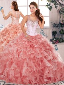 Sleeveless Clasp Handle Floor Length Beading and Ruffles Ball Gown Prom Dress