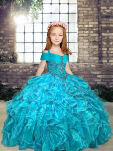 Sleeveless Floor Length Beading Lace Up Little Girls Pageant Gowns with Aqua Blue