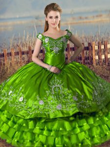 Floor Length Lace Up Sweet 16 Dresses Green for Sweet 16 and Quinceanera with Embroidery and Ruffled Layers