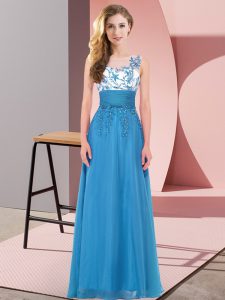 Extravagant Blue Backless Court Dresses for Sweet 16 Appliques Sleeveless Floor Length