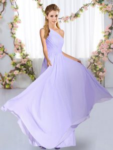Lavender Sleeveless Floor Length Ruching Lace Up Dama Dress for Quinceanera