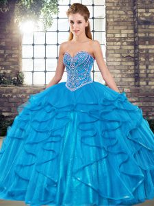 Blue Ball Gowns Tulle Sweetheart Sleeveless Beading and Ruffles Floor Length Lace Up 15th Birthday Dress
