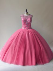 Scoop Sleeveless Quinceanera Gown Floor Length Beading Rose Pink Tulle