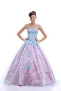 Ideal Light Blue Ball Gown Prom Dress Sweet 16 and Quinceanera with Appliques Sweetheart Sleeveless Lace Up