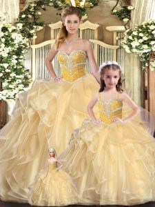Champagne Sweetheart Lace Up Beading and Ruffles Vestidos de Quinceanera Sleeveless