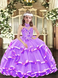 Dazzling Ball Gowns Kids Formal Wear Lavender High-neck Organza Sleeveless Floor Length Lace Up