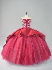 Excellent Satin and Tulle Sweetheart Sleeveless Court Train Lace Up Appliques 15 Quinceanera Dress in Wine Red