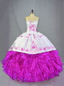 Admirable Sleeveless Beading and Embroidery and Ruffles Lace Up Quinceanera Gowns with Fuchsia Brush Train