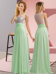 Pretty Apple Green Chiffon Side Zipper Dama Dress for Quinceanera Sleeveless Floor Length Beading