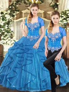 Blue Lace Up 15th Birthday Dress Beading and Ruffles Sleeveless Floor Length