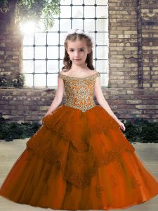 Rust Red Sleeveless Tulle Lace Up Little Girl Pageant Dress for Party