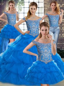 Ball Gowns Sleeveless Blue Sweet 16 Dress Brush Train Lace Up
