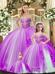 Floor Length Lavender Quince Ball Gowns Tulle Sleeveless Beading