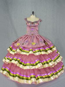 Graceful Pink Quince Ball Gowns Sweet 16 and Quinceanera with Embroidery and Ruffled Layers Straps Sleeveless Lace Up