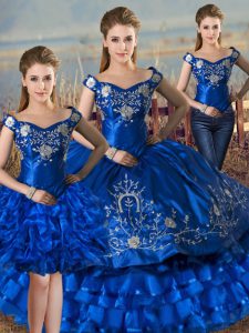 Royal Blue Satin and Organza Lace Up 15th Birthday Dress Sleeveless Floor Length Embroidery and Ruffled Layers