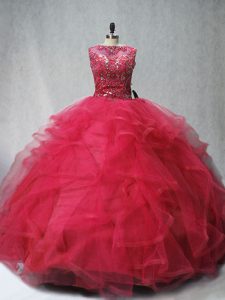 Hot Selling Ball Gowns Sleeveless Coral Red Quinceanera Gown Brush Train Lace Up