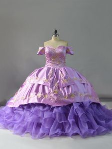 Sleeveless Organza Chapel Train Lace Up 15 Quinceanera Dress in Lavender with Embroidery and Ruffles