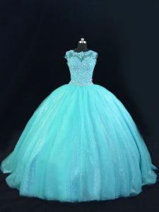 Sleeveless Floor Length Beading and Lace Lace Up Sweet 16 Dress with Aqua Blue