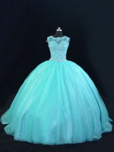 Sleeveless Floor Length Beading and Lace Lace Up Sweet 16 Dress with Aqua Blue