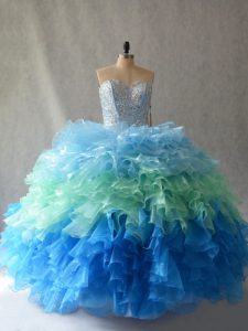 Suitable Multi-color Sweetheart Neckline Beading and Ruffles 15 Quinceanera Dress Sleeveless Lace Up