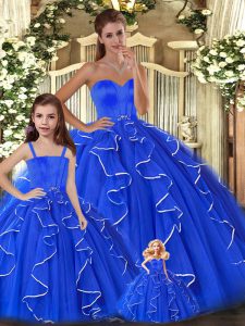 Blue Ball Gowns Beading and Ruffles Sweet 16 Quinceanera Dress Lace Up Tulle Sleeveless Floor Length