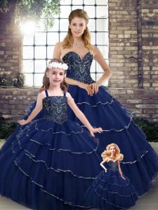 Navy Blue Ball Gowns Sweetheart Sleeveless Tulle Brush Train Lace Up Beading and Ruffled Layers Quinceanera Gowns