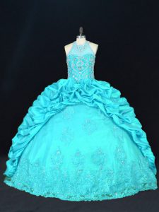 Spectacular Aqua Blue 15 Quinceanera Dress Quinceanera with Beading and Appliques and Embroidery and Pick Ups Halter Top Sleeveless Lace Up