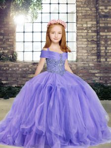 Lavender Ball Gowns Taffeta and Tulle Off The Shoulder Sleeveless Beading Floor Length Lace Up Kids Formal Wear