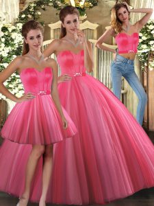 High Quality Sweetheart Sleeveless 15th Birthday Dress Floor Length Beading Coral Red Tulle