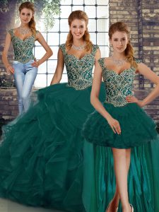 Sleeveless Tulle Floor Length Lace Up Quinceanera Gowns in Peacock Green with Beading and Ruffles