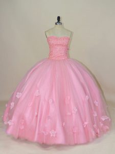 Baby Pink Ball Gowns Beading and Hand Made Flower Ball Gown Prom Dress Lace Up Tulle Sleeveless Floor Length