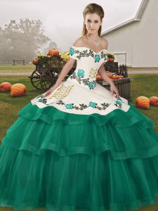 Graceful Turquoise Sleeveless Tulle Brush Train Lace Up Quinceanera Dresses for Military Ball and Sweet 16 and Quinceanera