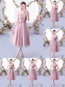 Dazzling Pink Empire Belt Court Dresses for Sweet 16 Lace Up Tulle Sleeveless Tea Length