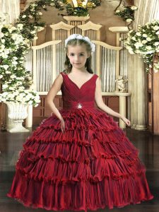 Floor Length Red Pageant Dress Wholesale Sleeveless Beading and Ruffled Layers