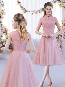 Tea Length Pink Court Dresses for Sweet 16 High-neck Cap Sleeves Zipper