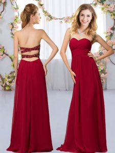 Custom Fit Wine Red Empire Beading Quinceanera Court Dresses Criss Cross Chiffon Sleeveless Floor Length