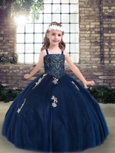 Navy Blue Straps Lace Up Appliques Kids Pageant Dress Sleeveless