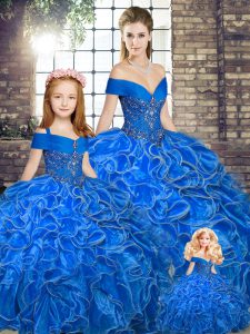 Organza Off The Shoulder Sleeveless Lace Up Beading and Ruffles 15th Birthday Dress in Royal Blue