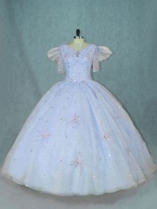 Ball Gowns Quinceanera Gowns Light Blue V-neck Organza Short Sleeves Floor Length Zipper