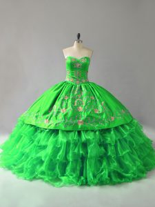 Captivating Ball Gowns Sweetheart Sleeveless Organza Floor Length Lace Up Embroidery and Ruffles Quince Ball Gowns